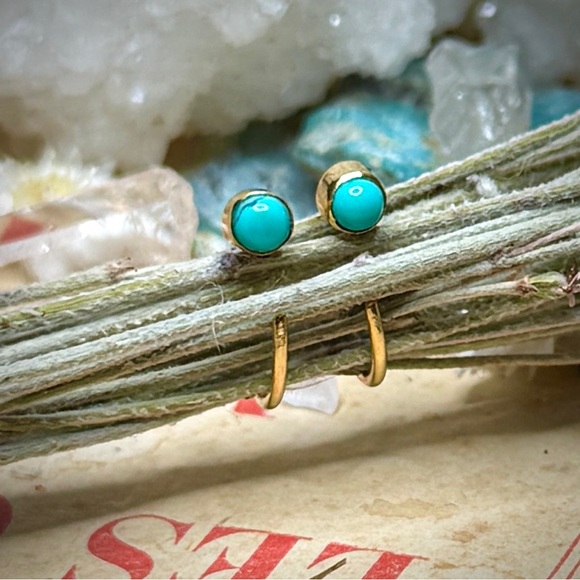 18k Gold Plated Sterling Silver Dry Creek Turquoise Huggie Hoop No Back Earrings - Picture 9 of 11